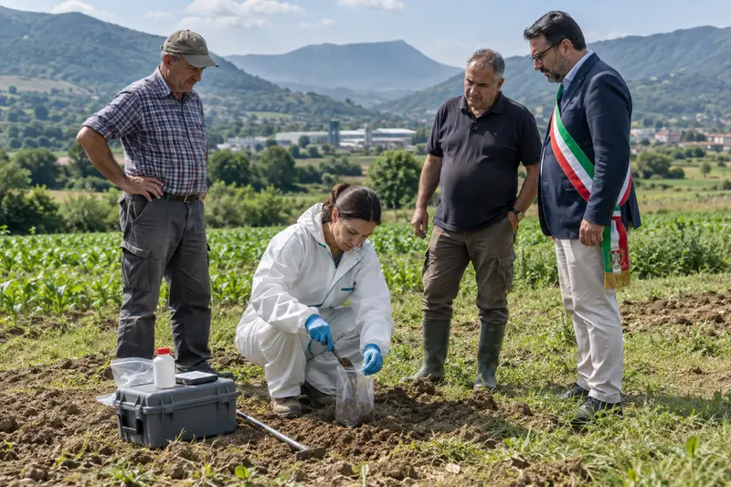 Tecnica ambientale preleva un campione di terreno in un campo della Valle Caudina, scena editoriale fotorealistica generata con IA