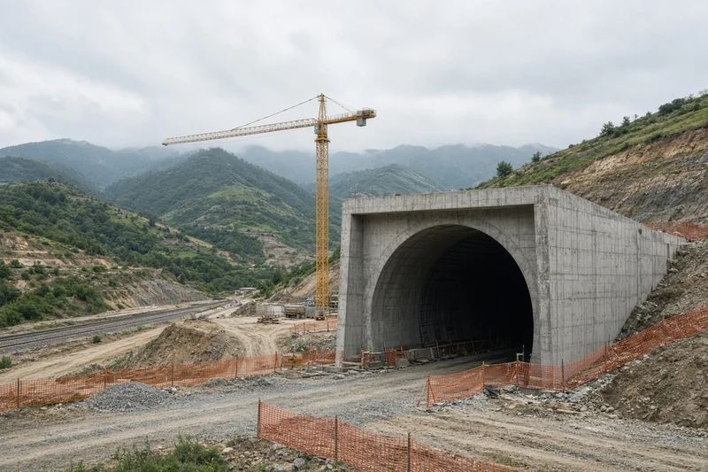 Portale di galleria ferroviaria in cantiere tra colline del Sud Italia, gru e reti arancioni; illustrazione editoriale IA non documentaria.