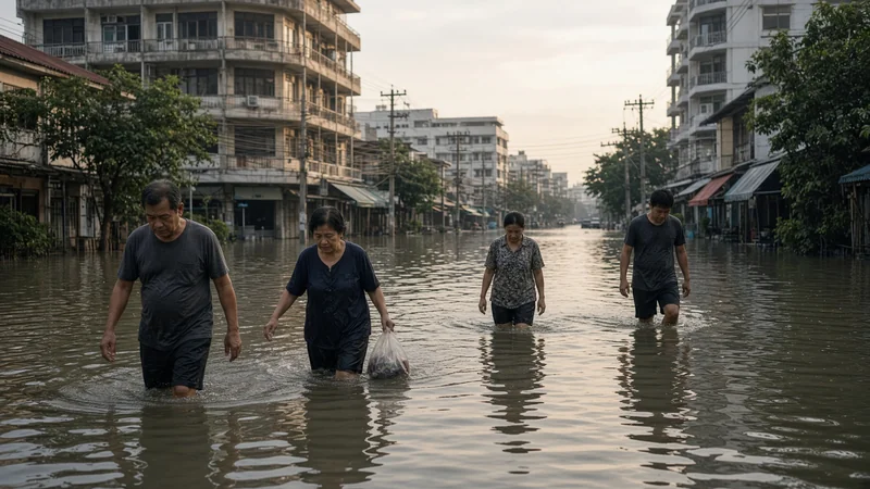 Strada di Bangkok allagata all'alba, con auto ferme nell'acqua e pioggia fitta, illustrazione editoriale senza persone riconoscibili.
