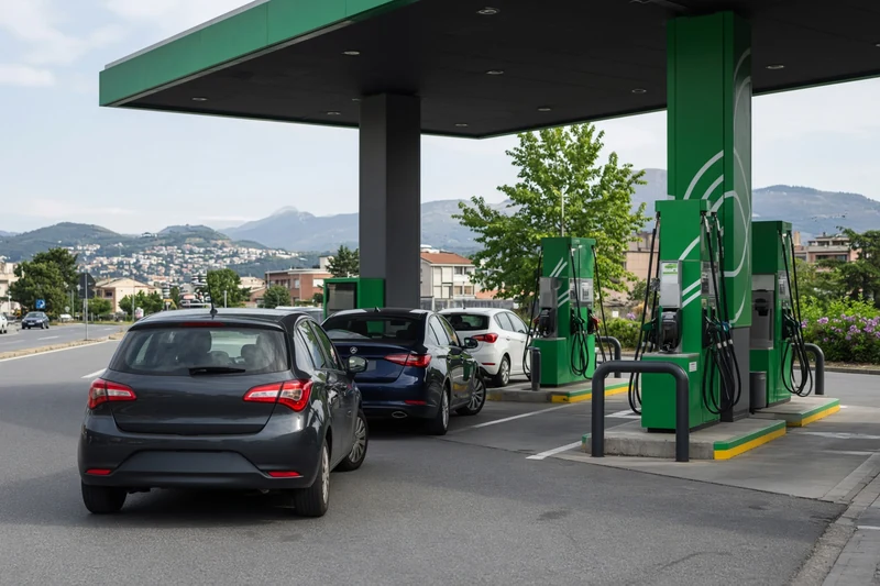 Distributore self service italiano con auto in coda e pompe verdi; illustrazione editoriale IA non documentaria.