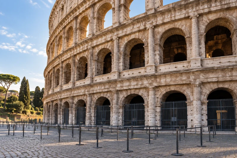 Colosseo reale a Roma con ingressi chiusi e corsie vuote; illustrazione editoriale IA.