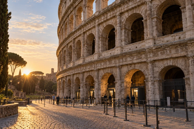 Ingresso reale del Colosseo a Roma all’alba, pronto alla riapertura al pubblico, senza rappresentazione dell’incidente; illustrazione editoriale IA non documentaria.