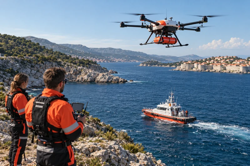 Test di un drone da soccorso sopra la costa adriatica con unità navale; illustrazione editoriale IA non documentaria.