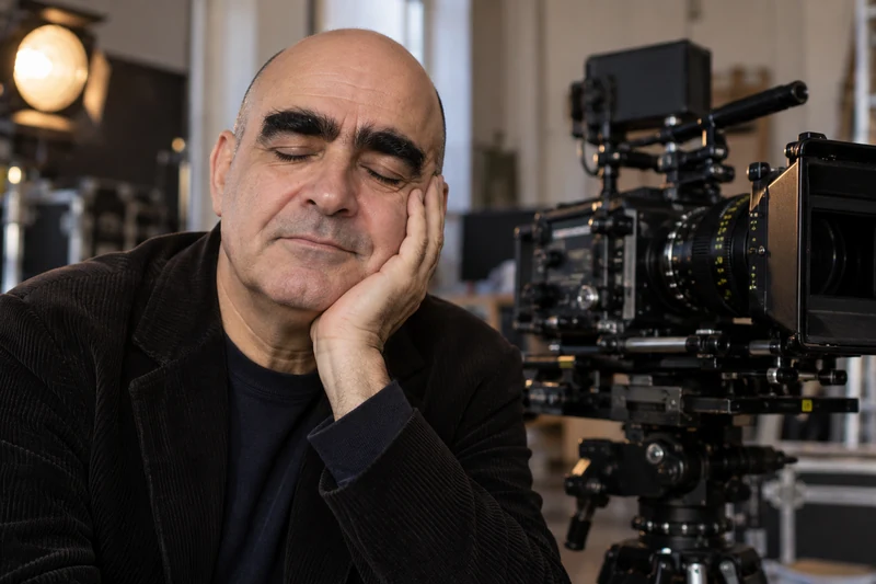 Somiglianza sintetica editoriale di Elio accanto a una macchina da presa; non è un fotogramma di La Crepa né una fotografia del set.