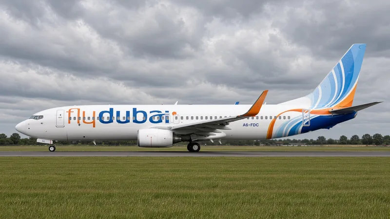 Illustrazione editoriale di un Boeing Flydubai con livrea bianca blu e arancio su pista; scena non documentaria generata con IA.