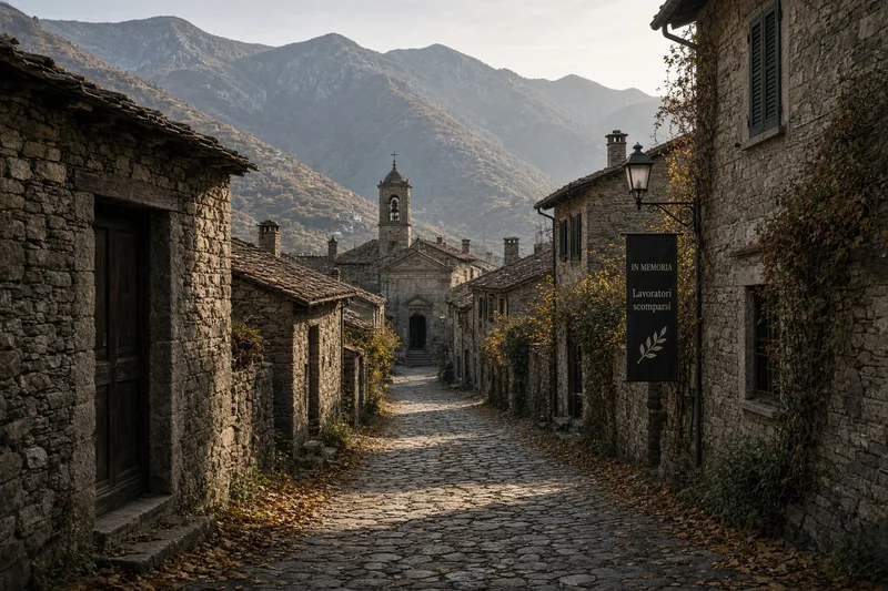 Illustrazione editoriale di un borgo montano italiano deserto e silenzioso, atmosfera di lutto; scena non documentaria generata con IA.