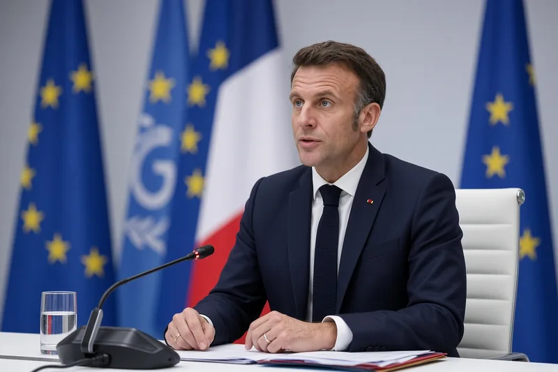 Illustrazione editoriale di Emmanuel Macron al tavolo stampa con bandiere europee; scena non documentaria generata con IA.