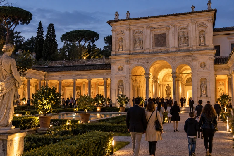 Villa Giulia a Roma durante un’apertura serale delle Giornate Europee del Patrimonio, con visitatori all’ingresso; illustrazione editoriale IA non documentaria.