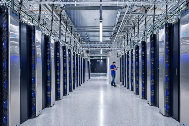 Corridoio di data center hyperscale con rack server e tecnico; illustrazione editoriale IA non documentaria.