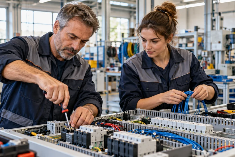 Illustrazione IA di due tecnici al lavoro su un quadro elettrico; persone anonime e scena non documentaria.