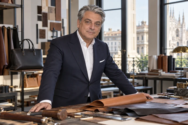 Somiglianza sintetica editoriale di Luca de Meo in un contesto di lavorazione della pelle a Milano; scena non documentaria.