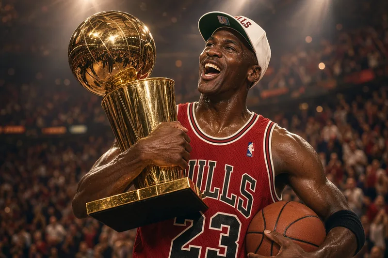 Illustrazione editoriale di Michael Jordan in maglia Bulls 23 con trofeo NBA; scena non documentaria generata con IA.
