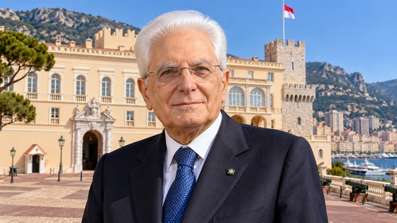 Sergio Mattarella davanti al Palazzo del Principe a Monaco, illustrazione editoriale IA non documentaria.