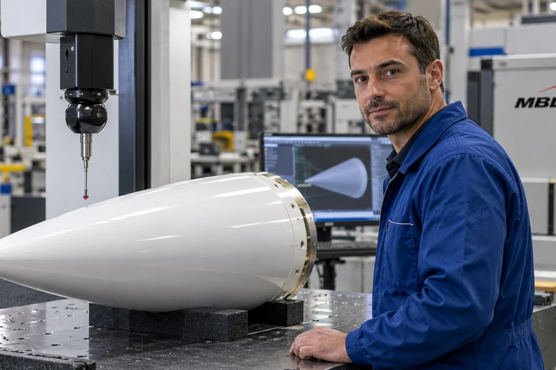 Scena editoriale IA di misurazione di un componente ceramico per la produzione MBDA; non fotografia del nuovo stabilimento.