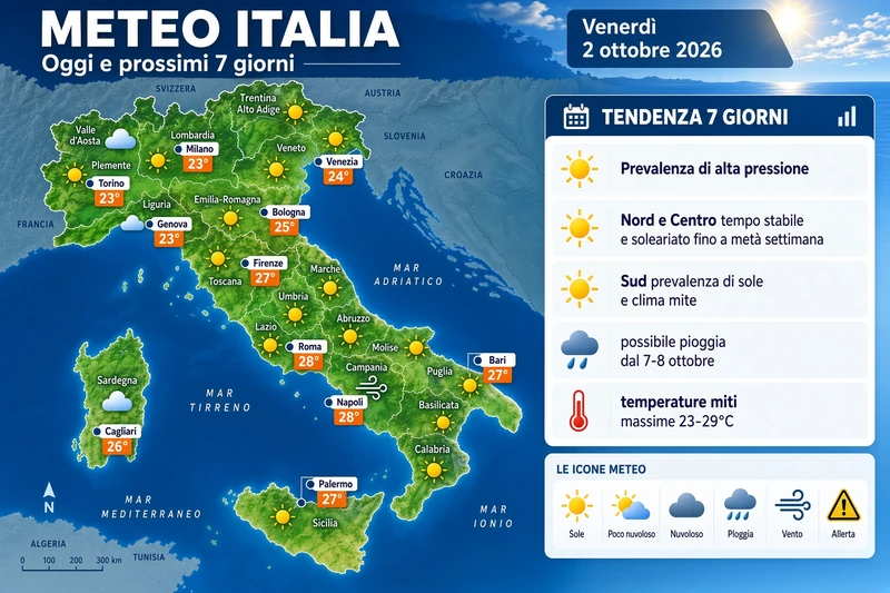 Mappa meteo Italia 2 ottobre 2026 con temperature sulle città principali e icone sole e nubi; infografica editoriale generata con IA.