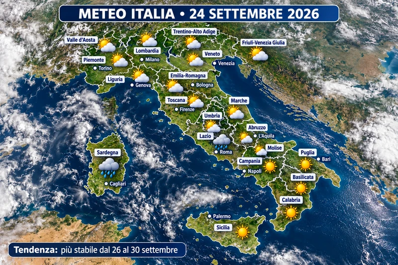 Mappa meteo editoriale IA dell’Italia aggiornata al 24 settembre 2026, con condizioni regione per regione, città principali e nota di tendenza verso una fase più stabile dal 26 al 30 settembre.