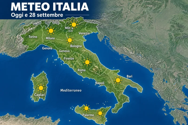 Mappa meteo dell’Italia, stessa vista satellitare delle altre previsioni, con città, Mediterraneo e sole prevalente.