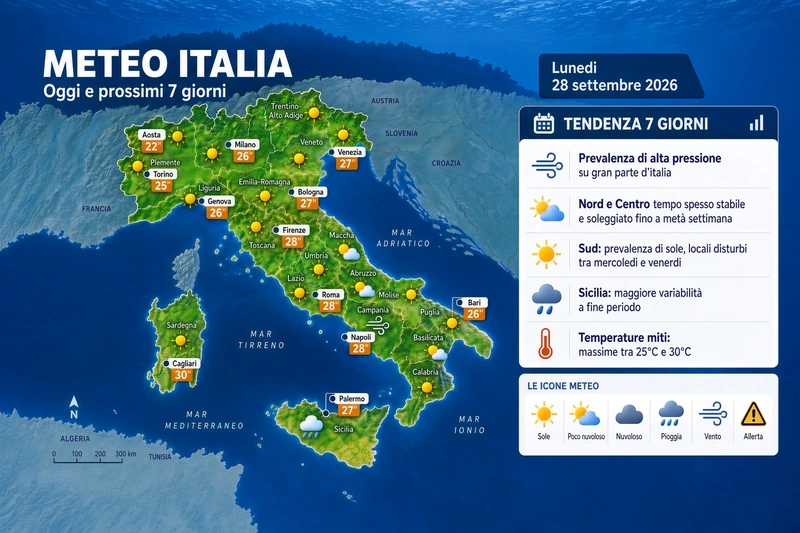Mappa meteo editoriale dell’Italia per lunedì 28 settembre 2026, con loghi sole e nubi sulle regioni, temperature città e tendenza dei prossimi 7 giorni fino al 4 ottobre.