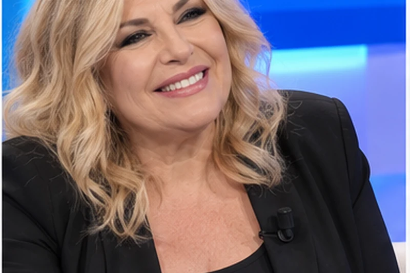 Foto d'archivio di Nadia Rinaldi sorridente in studio televisivo durante un'intervista, con il logo del programma