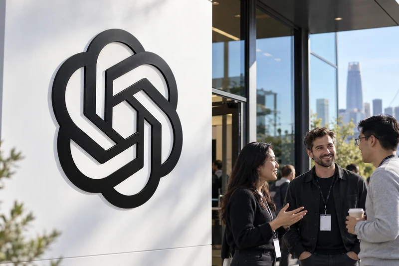 Illustrazione IA di una conferenza a San Francisco con il logo OpenAI e partecipanti all’ingresso.