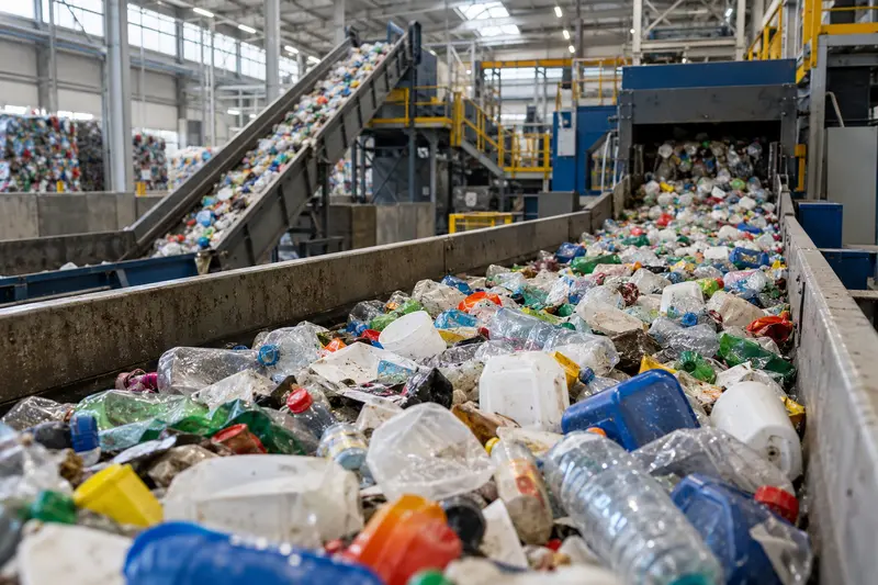 Scena editoriale contestuale ordinaria in un impianto di gestione dei rifiuti plastici, con grandi quantità di imballaggi da selezionare e trattare
