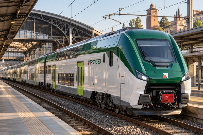 Illustrazione editoriale IA non documentaria di un treno regionale Trenord Caravaggio in livrea bianca e verde in stazione.