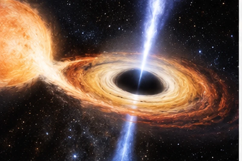 Illustrazione astronomica di un buco nero binario con un disco di accrescimento arancione e un getto luminoso diretto verso l'osservatore, su sfondo stellato.