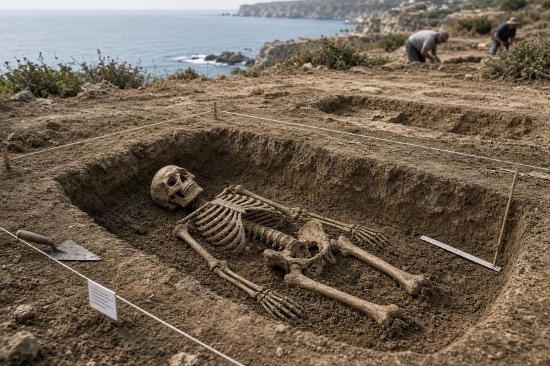 Ricostruzione illustrativa di uno scavo archeologico costiero; immagine IA non documentaria, non fotografia dei resti di Siponto.