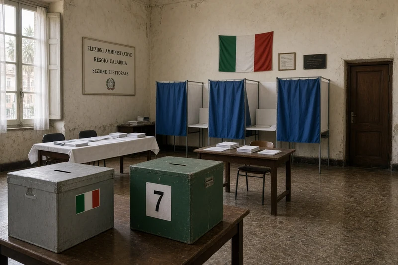 Sezione elettorale italiana con urne e cabine; illustrazione editoriale IA non documentaria.