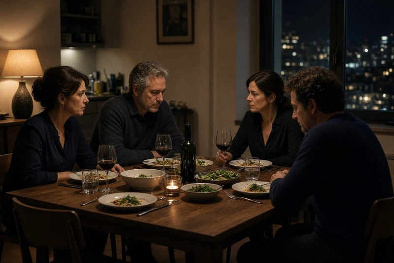 Scena editoriale contestuale generata con IA: quattro adulti riuniti attorno a un tavolo durante una cena elegante e tesa, rappresentazione visiva della premessa di The Invite; non è un fotogramma del film.