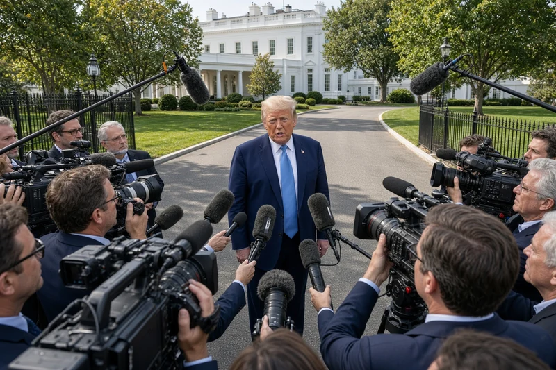 Donald Trump parla ai giornalisti all’esterno della Casa Bianca, circondato da microfoni e telecamere.