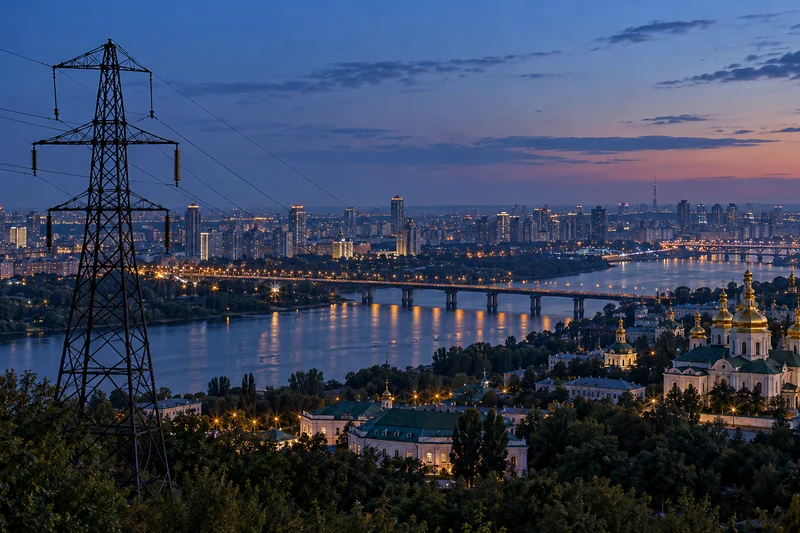 Scena editoriale IA del paesaggio urbano di Kiev e infrastrutture elettriche; non ricostruisce i raid né i loro danni.