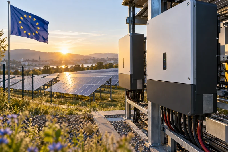 Illustrazione editoriale IA di un impianto fotovoltaico europeo con inverter connessi; scena non documentaria.
