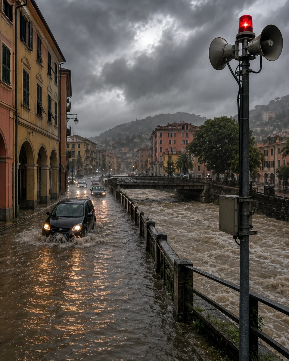 Illustrazione editoriale di Chiavari durante un forte nubifragio con strade allagate e allarme per il torrente Rupinaro